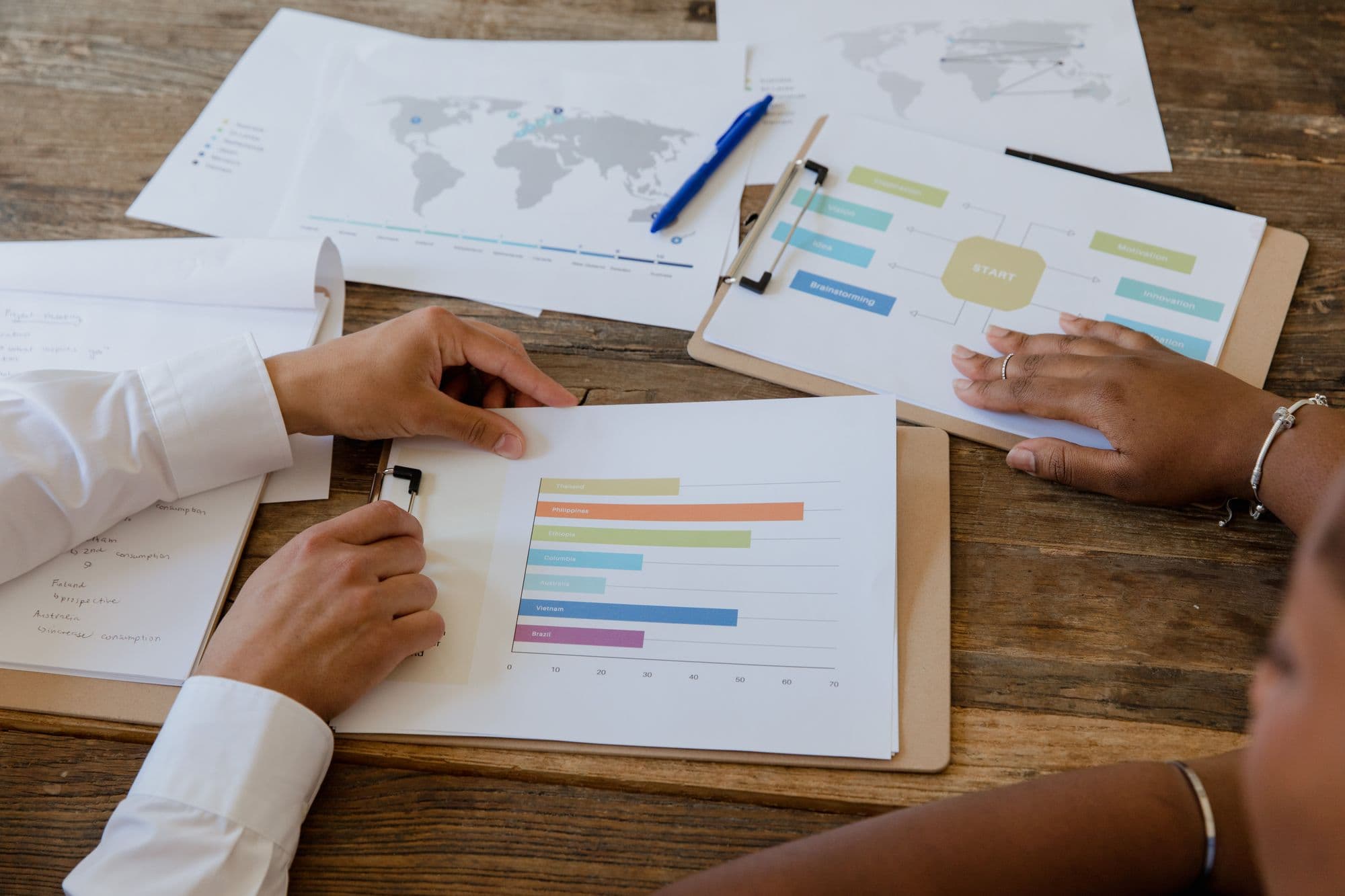 Hands resting on printed bar charts, world maps and a flowchart on a wooden table