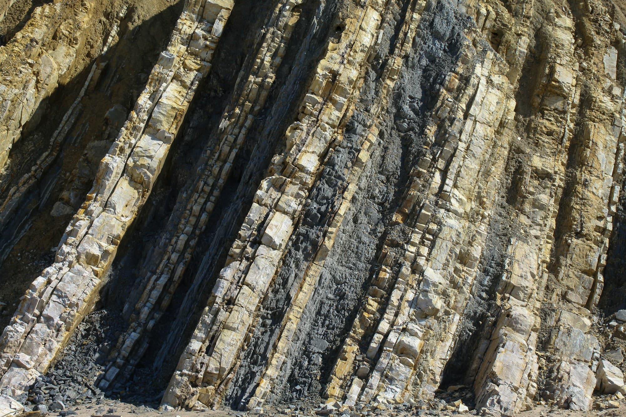 Steeply tilted bands of pale and dark rock in a sunlit cliff face